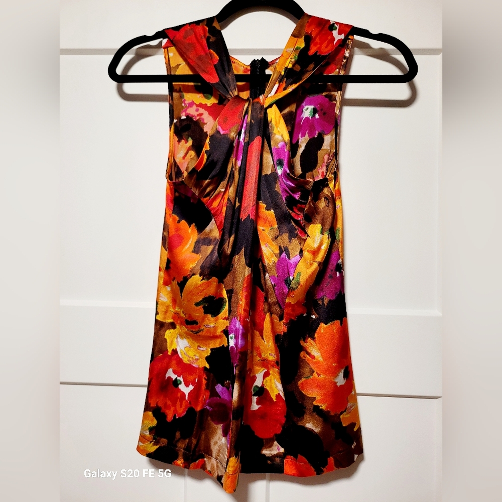 Cache Women's Silk Sleevless Knot Front Y2K Top Sz S Floral Boho Contemporary